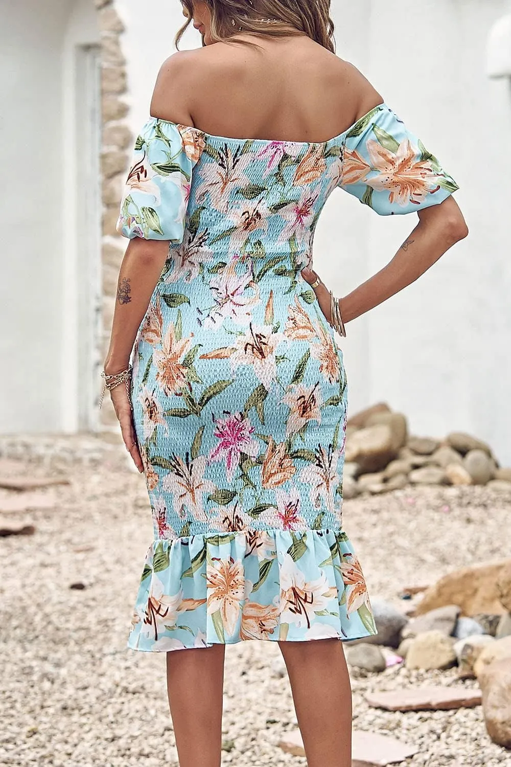 PRETTYGARDEN Summer Floral Bodycon Midi Dresses 2025 Puff Sleeve Mermaid Cocktail Baby Shower Photoshoot Maternity Dress