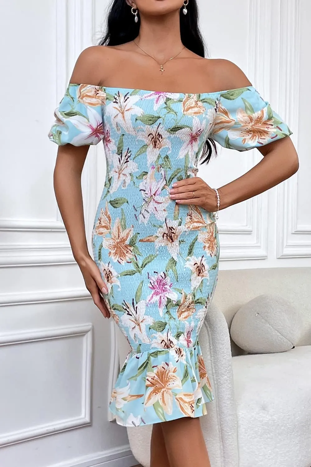 PRETTYGARDEN Summer Floral Bodycon Midi Dresses 2025 Puff Sleeve Mermaid Cocktail Baby Shower Photoshoot Maternity Dress