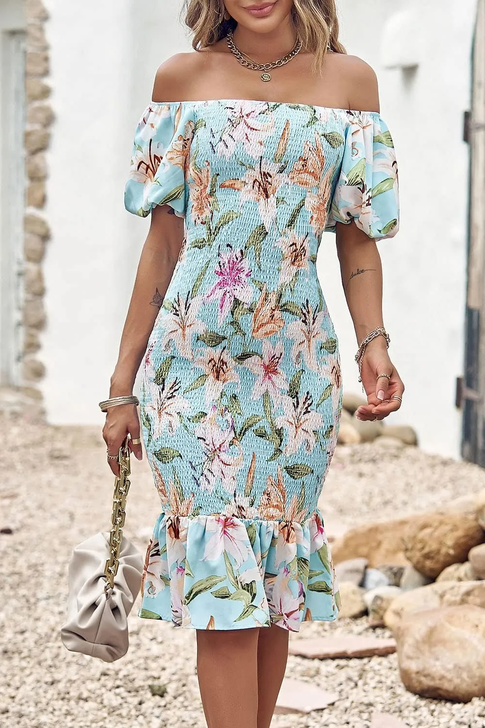 PRETTYGARDEN Summer Floral Bodycon Midi Dresses 2025 Puff Sleeve Mermaid Cocktail Baby Shower Photoshoot Maternity Dress