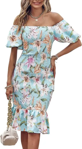PRETTYGARDEN Summer Floral Bodycon Midi Dresses 2025 Puff Sleeve Mermaid Cocktail Baby Shower Photoshoot Maternity Dress