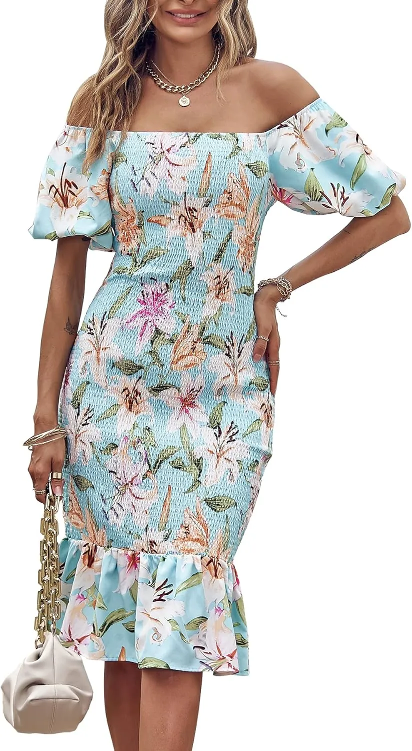 PRETTYGARDEN Summer Floral Bodycon Midi Dresses 2025 Puff Sleeve Mermaid Cocktail Baby Shower Photoshoot Maternity Dress