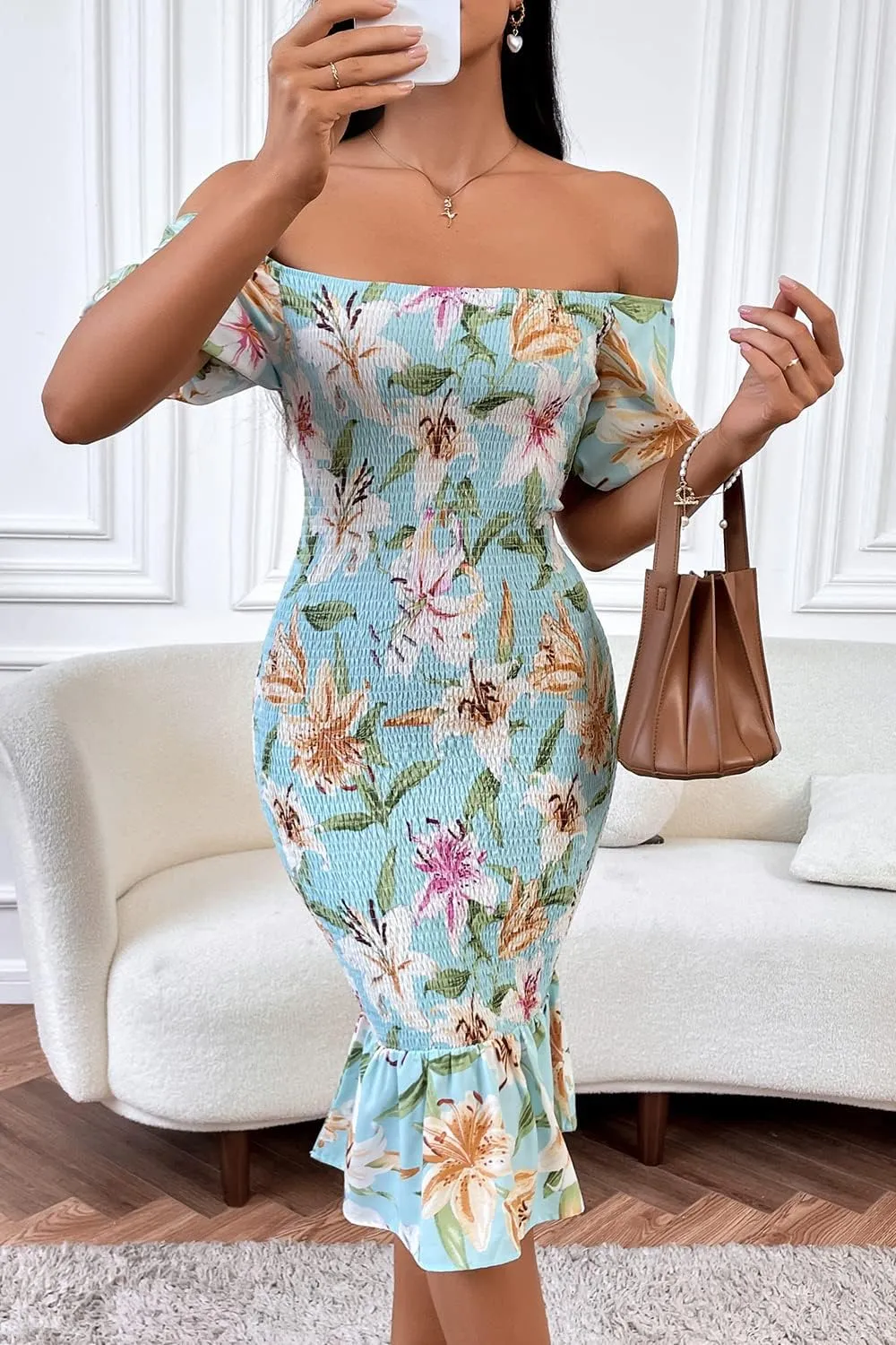 PRETTYGARDEN Summer Floral Bodycon Midi Dresses 2025 Puff Sleeve Mermaid Cocktail Baby Shower Photoshoot Maternity Dress