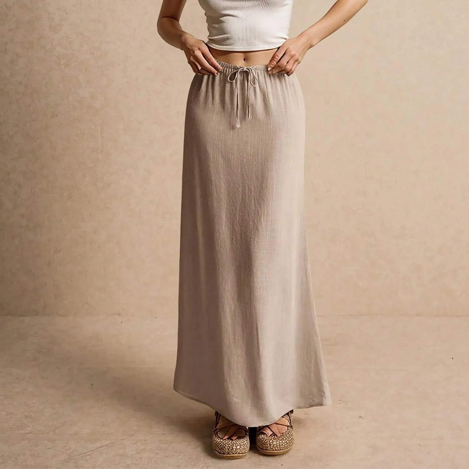 Spring Skirts for Women 2025 Loose Casual Trendy Solid Color Drawstring Beach Vacation Maxi Linen Skirt, S-2XL