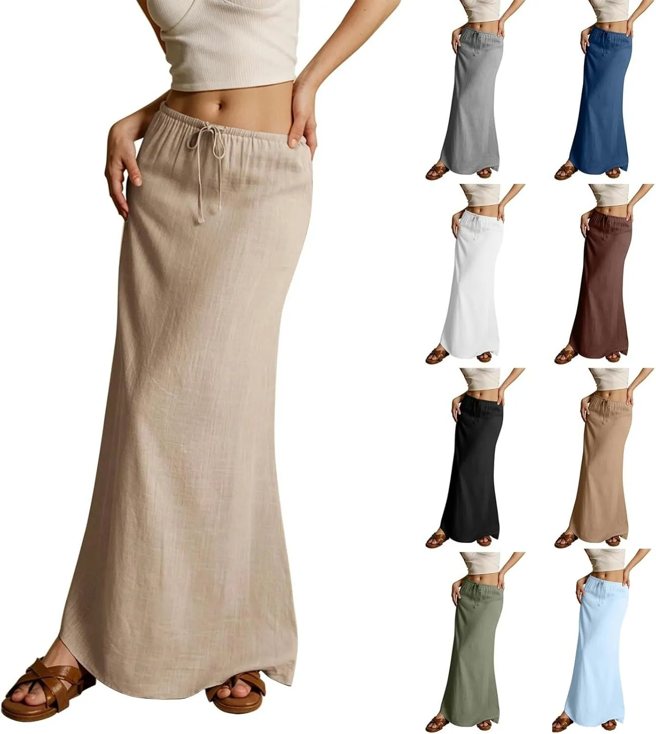 Spring Skirts for Women 2025 Loose Casual Trendy Solid Color Drawstring Beach Vacation Maxi Linen Skirt, S-2XL