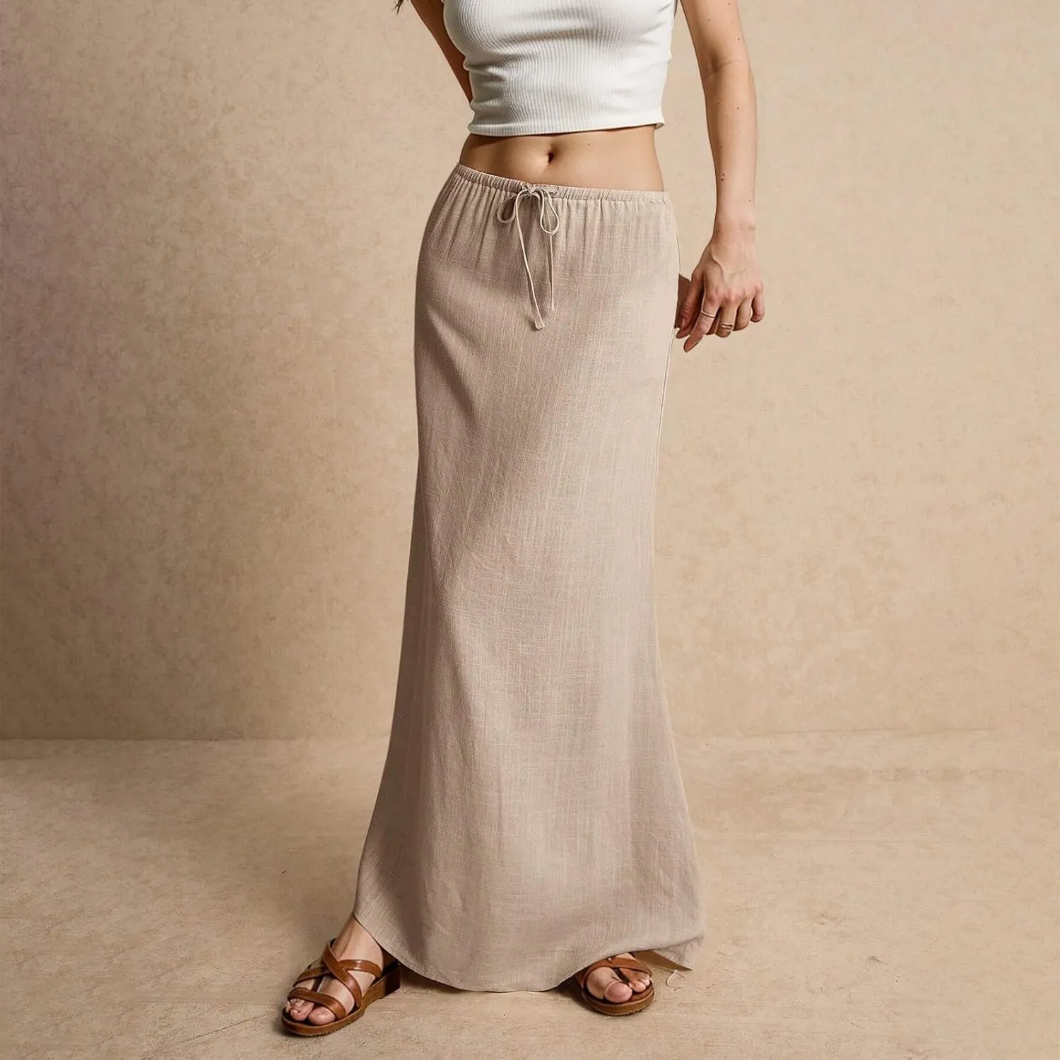 Spring Skirts for Women 2025 Loose Casual Trendy Solid Color Drawstring Beach Vacation Maxi Linen Skirt, S-2XL