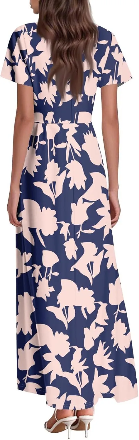 Summer Dresses for Women 2025 Maxi Dress Short Sleeve A-Line Floral Print Long Flowy Dresses with Pockets