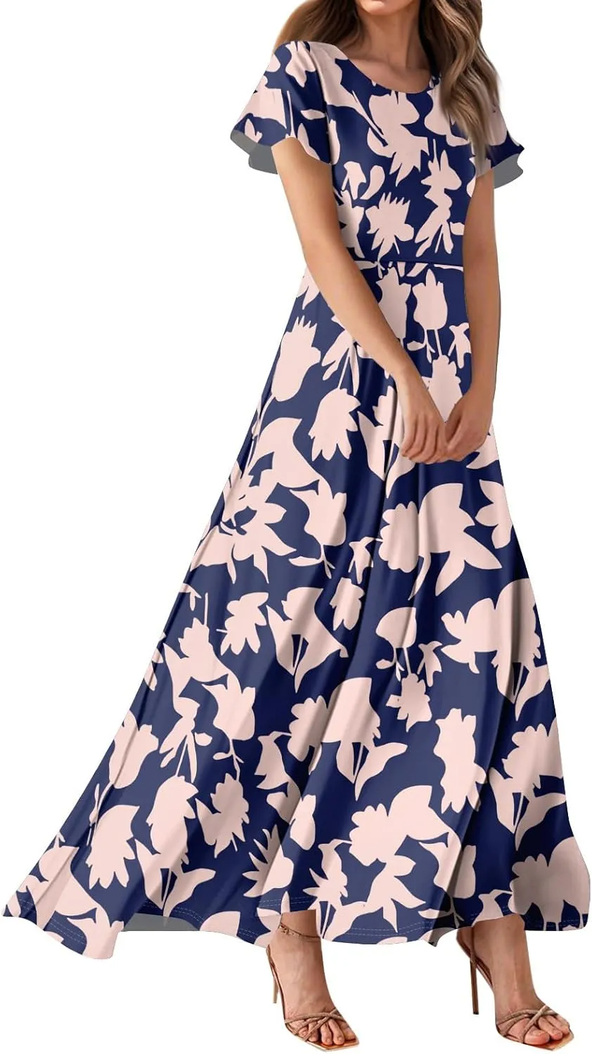 Summer Dresses for Women 2025 Maxi Dress Short Sleeve A-Line Floral Print Long Flowy Dresses with Pockets