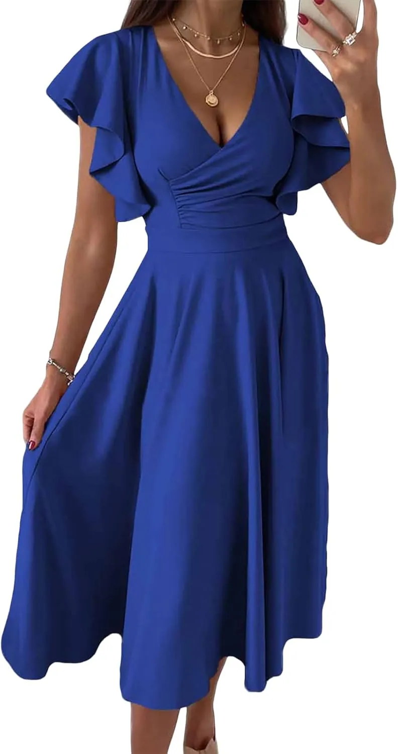 Summer Dresses for Women 2025 Wedding Guest Dress Wrap V Neck Ruffle Cap Sleeve Midi Dresses Party Cocktail Dress