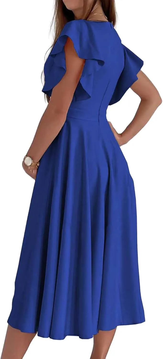 Summer Dresses for Women 2025 Wedding Guest Dress Wrap V Neck Ruffle Cap Sleeve Midi Dresses Party Cocktail Dress