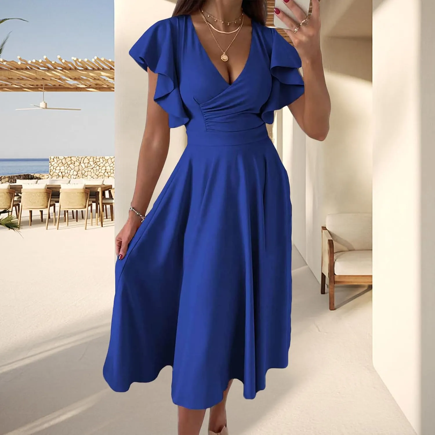 Summer Dresses for Women 2025 Wedding Guest Dress Wrap V Neck Ruffle Cap Sleeve Midi Dresses Party Cocktail Dress