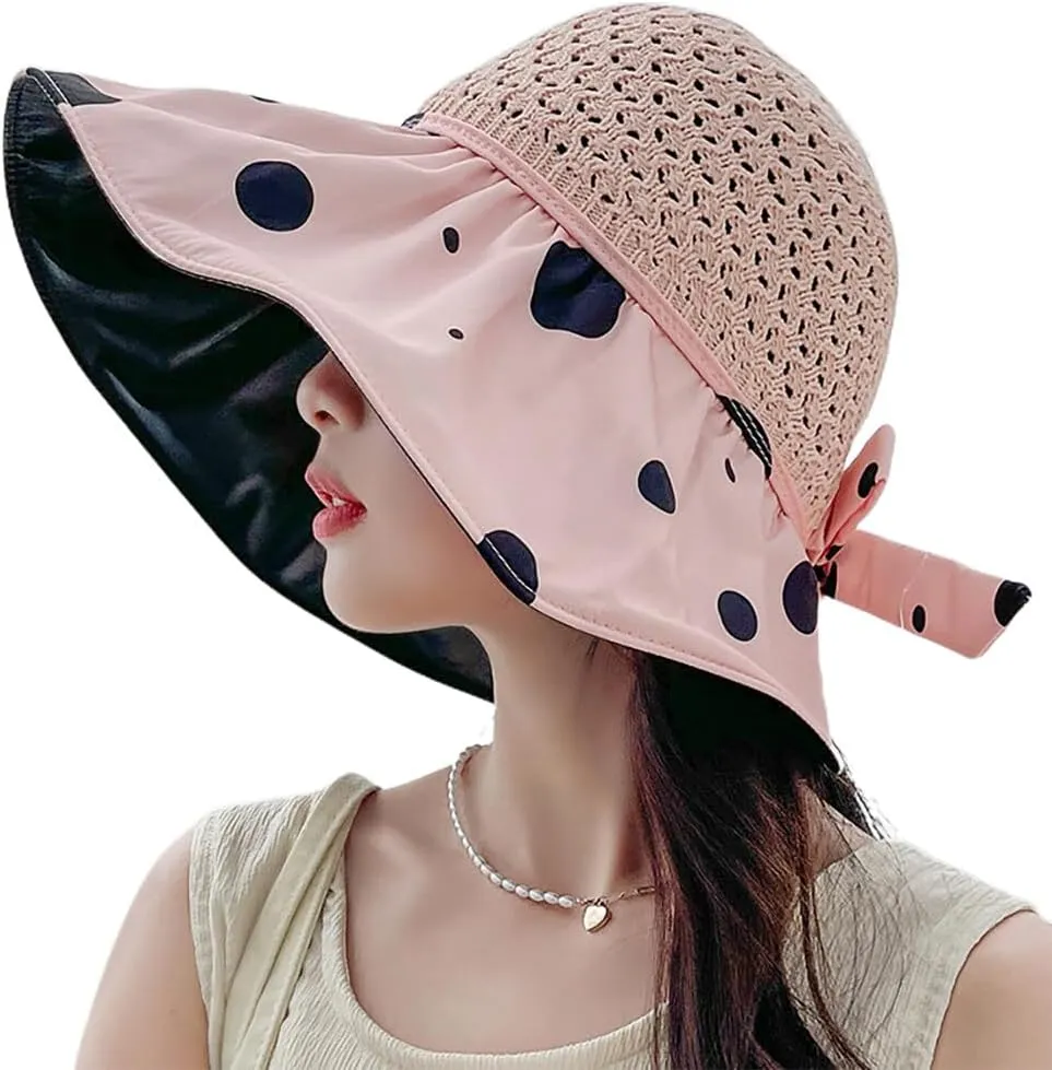 Summer Fisherman Cap with Polka Dots - Floppy Straw Beach Hat Sun Protection Foldable for Women Pink Hats