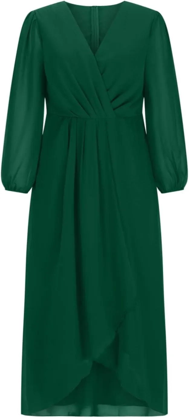 TANGNADE Women's Fall Dresses 2024 3/4 Sleeve V Neck Wrap A-Line Flowy Maxi Dress Flowy Pleated Wedding Guest Dress