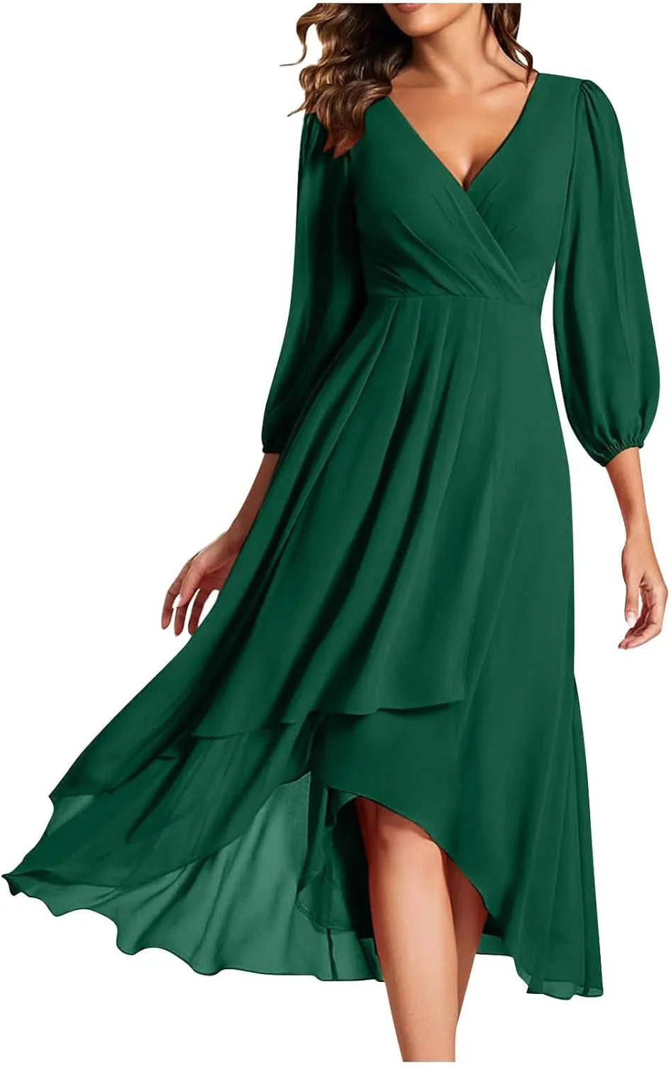 TANGNADE Women's Fall Dresses 2024 3/4 Sleeve V Neck Wrap A-Line Flowy Maxi Dress Flowy Pleated Wedding Guest Dress