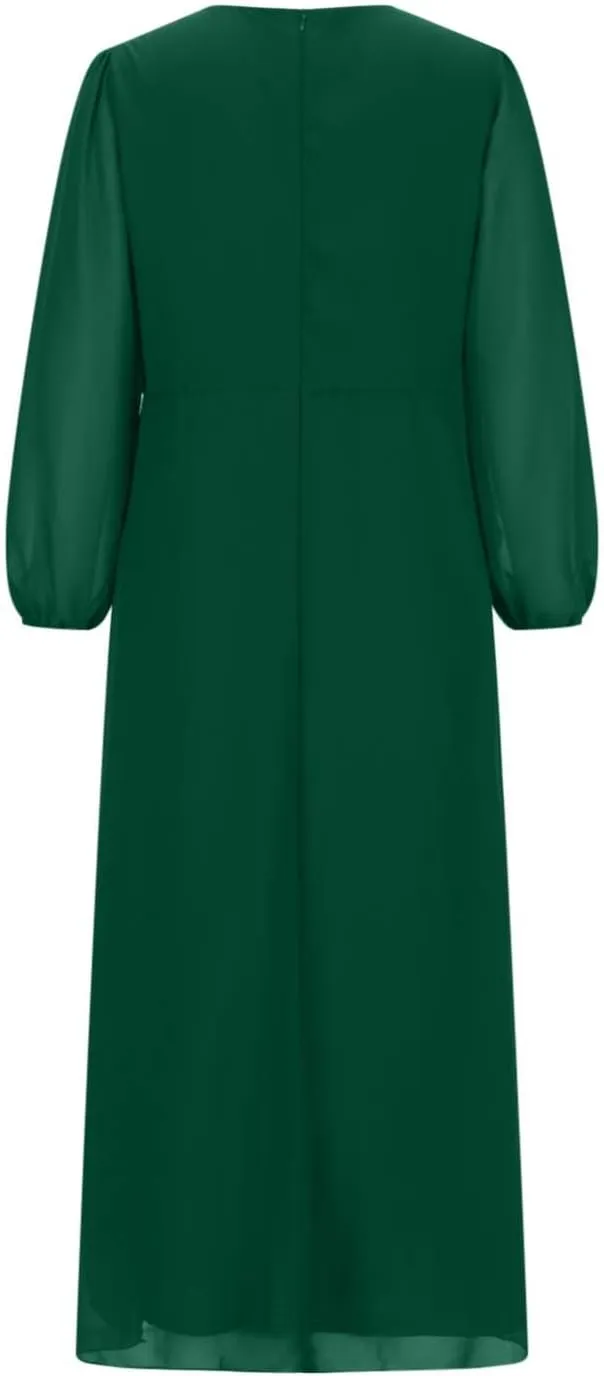 TANGNADE Women's Fall Dresses 2024 3/4 Sleeve V Neck Wrap A-Line Flowy Maxi Dress Flowy Pleated Wedding Guest Dress