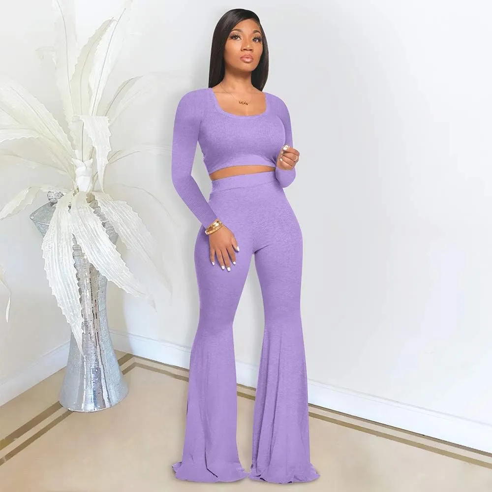 Two Piece Outfits for Women Sexy Crop Top   Flared Long Pants Sweat Suits Ribbed Fitted Tracksuits Yoga Set