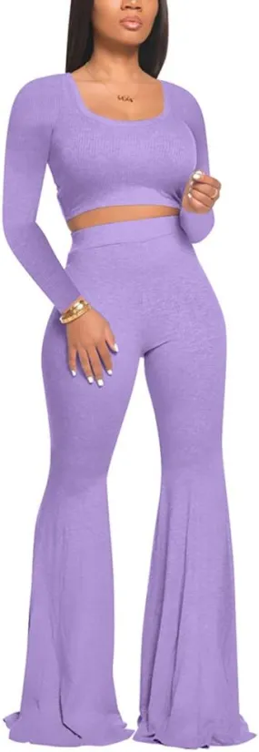 Two Piece Outfits for Women Sexy Crop Top   Flared Long Pants Sweat Suits Ribbed Fitted Tracksuits Yoga Set