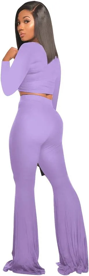 Two Piece Outfits for Women Sexy Crop Top   Flared Long Pants Sweat Suits Ribbed Fitted Tracksuits Yoga Set