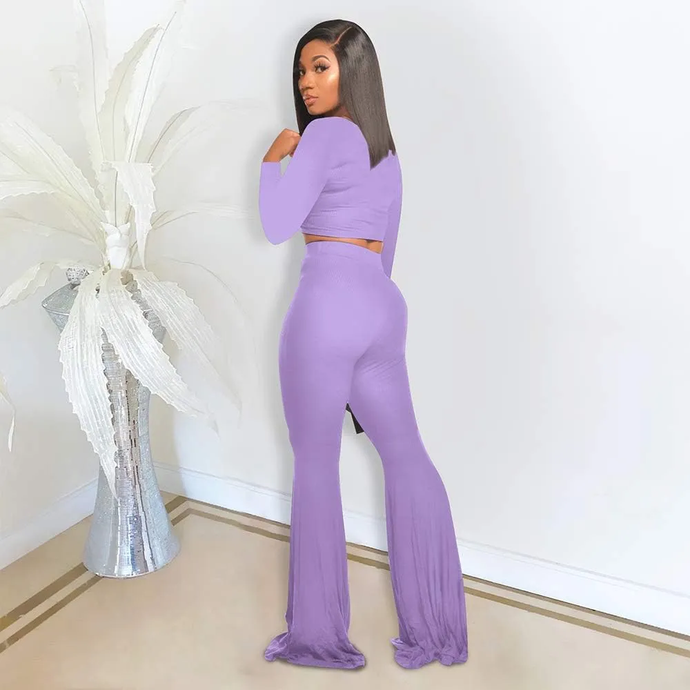 Two Piece Outfits for Women Sexy Crop Top   Flared Long Pants Sweat Suits Ribbed Fitted Tracksuits Yoga Set