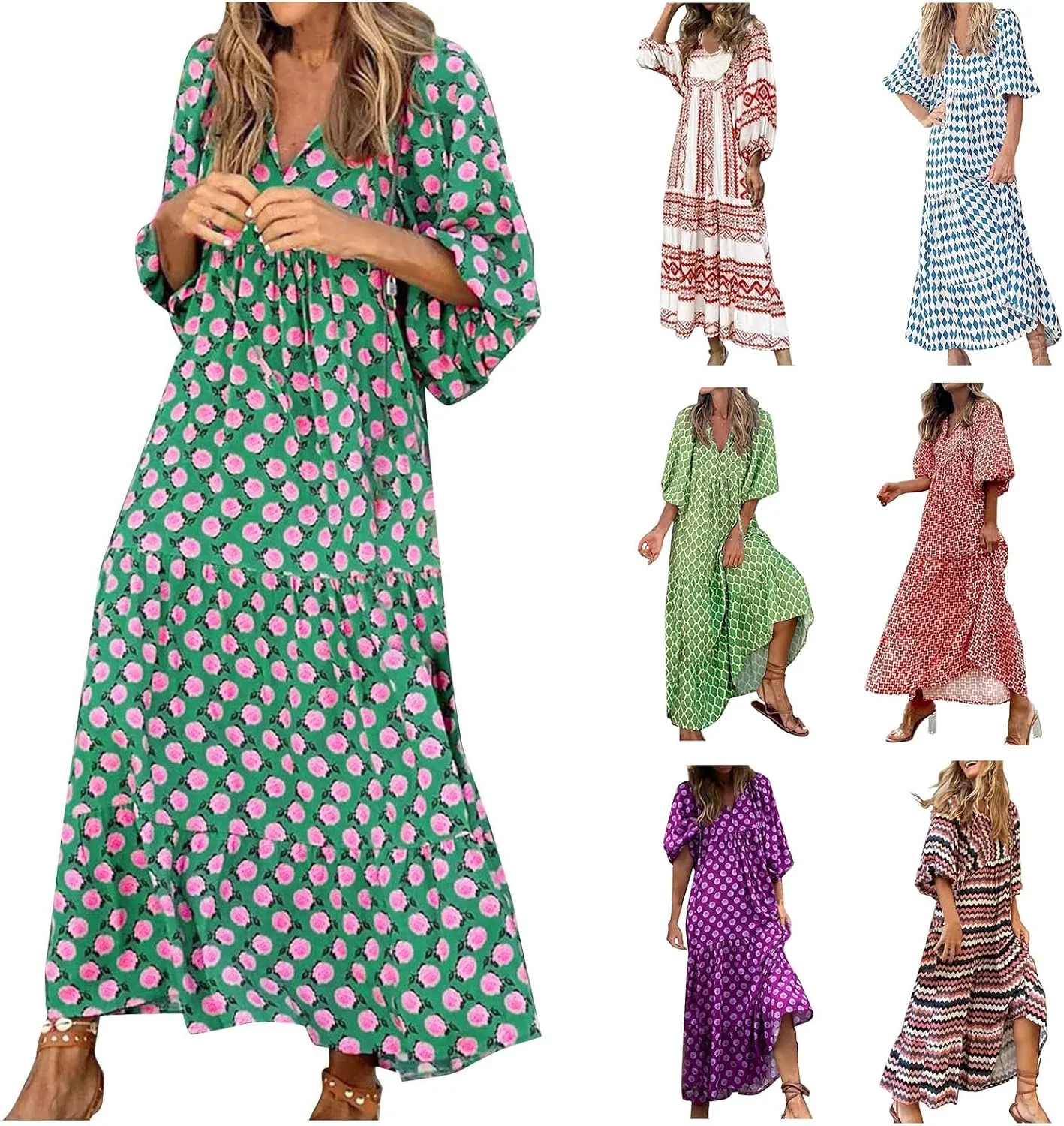 Women's Boho Maxi Dresses Casual Short Puff Sleeve Beach Long Floral Dress Tiered Flowy Dresses