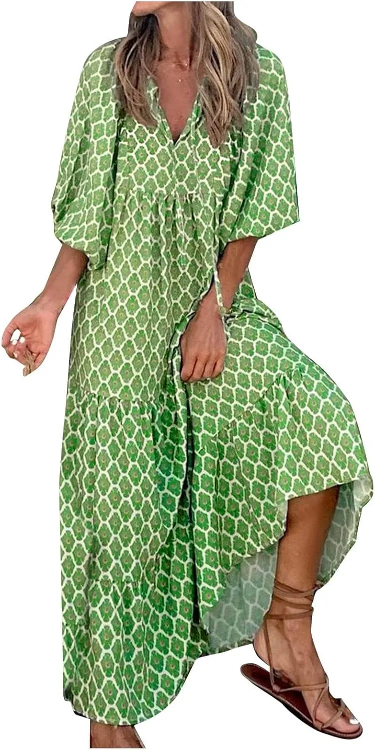 Women's Boho Maxi Dresses Casual Short Puff Sleeve Beach Long Floral Dress Tiered Flowy Dresses