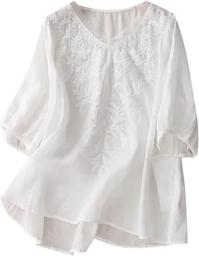 Womens Linen Shirts V-Neck Embroidery Blouse Floral Print 2025 Summer Tee Shirts Short Sleeve Loose T-Shirt
