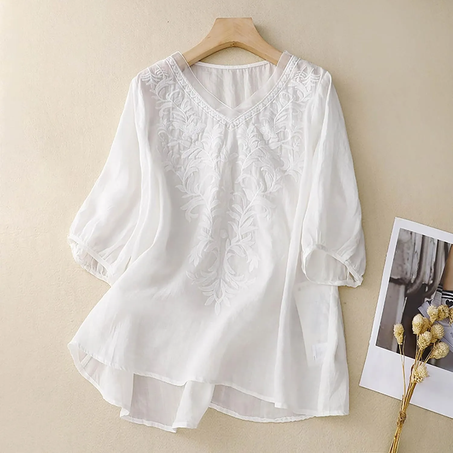Womens Linen Shirts V-Neck Embroidery Blouse Floral Print 2025 Summer Tee Shirts Short Sleeve Loose T-Shirt