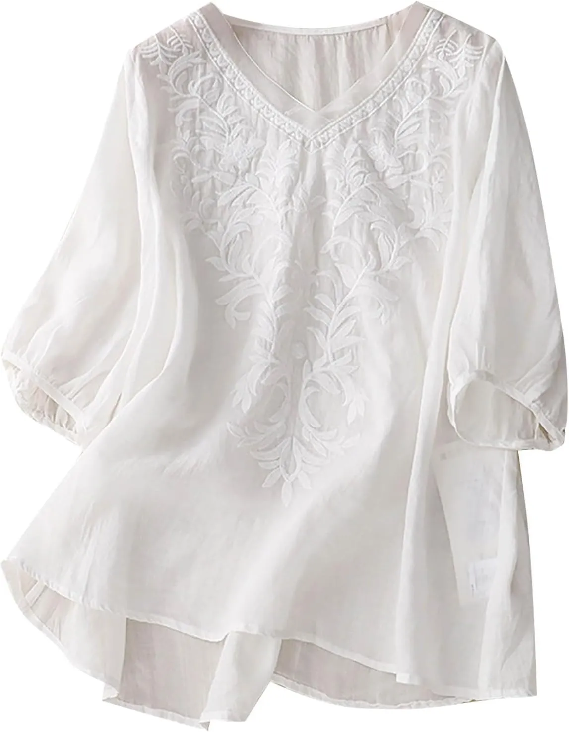 Womens Linen Shirts V-Neck Embroidery Blouse Floral Print 2025 Summer Tee Shirts Short Sleeve Loose T-Shirt