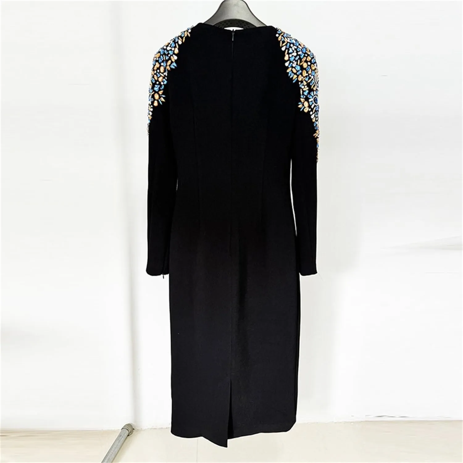 Women's Luxury Designer Fashion Long Sleeve Rhinestone Diamonds Beaded Midi Dress