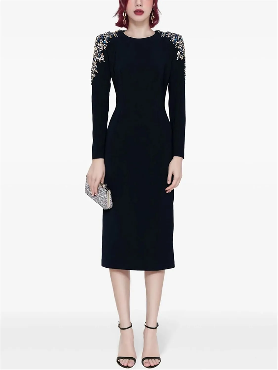 Women's Luxury Designer Fashion Long Sleeve Rhinestone Diamonds Beaded Midi Dress
