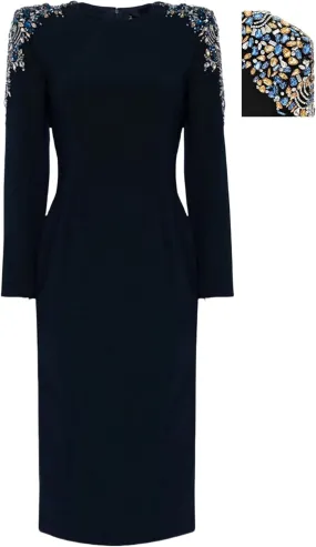 Women's Luxury Designer Fashion Long Sleeve Rhinestone Diamonds Beaded Midi Dress