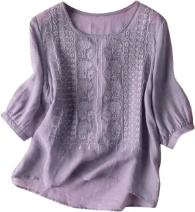 Women's Short Sleeve Cotton Linen Shirts Casual Crew Neck Henley T Shirts Boho Loose Summer Tops