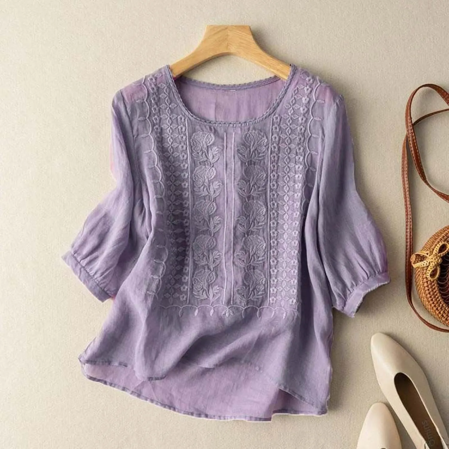 Women's Short Sleeve Cotton Linen Shirts Casual Crew Neck Henley T Shirts Boho Loose Summer Tops