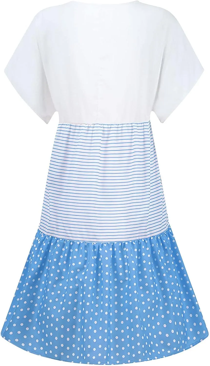Womens Short Sleeve Loose Summer Dresses Color Block Sundresses Casual Fashion Knee Length Vacation Dresses
