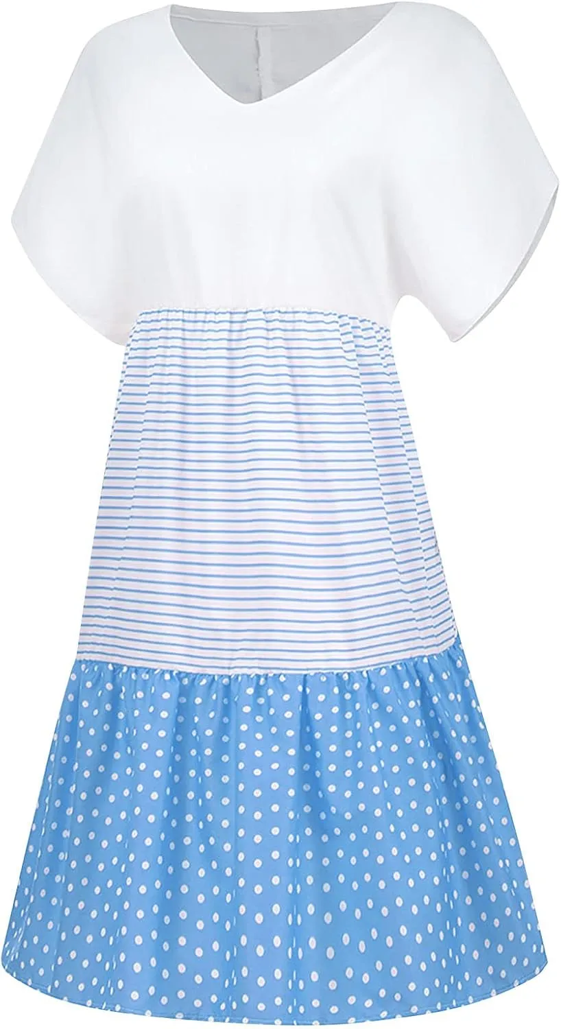 Womens Short Sleeve Loose Summer Dresses Color Block Sundresses Casual Fashion Knee Length Vacation Dresses