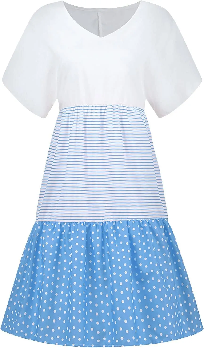 Womens Short Sleeve Loose Summer Dresses Color Block Sundresses Casual Fashion Knee Length Vacation Dresses