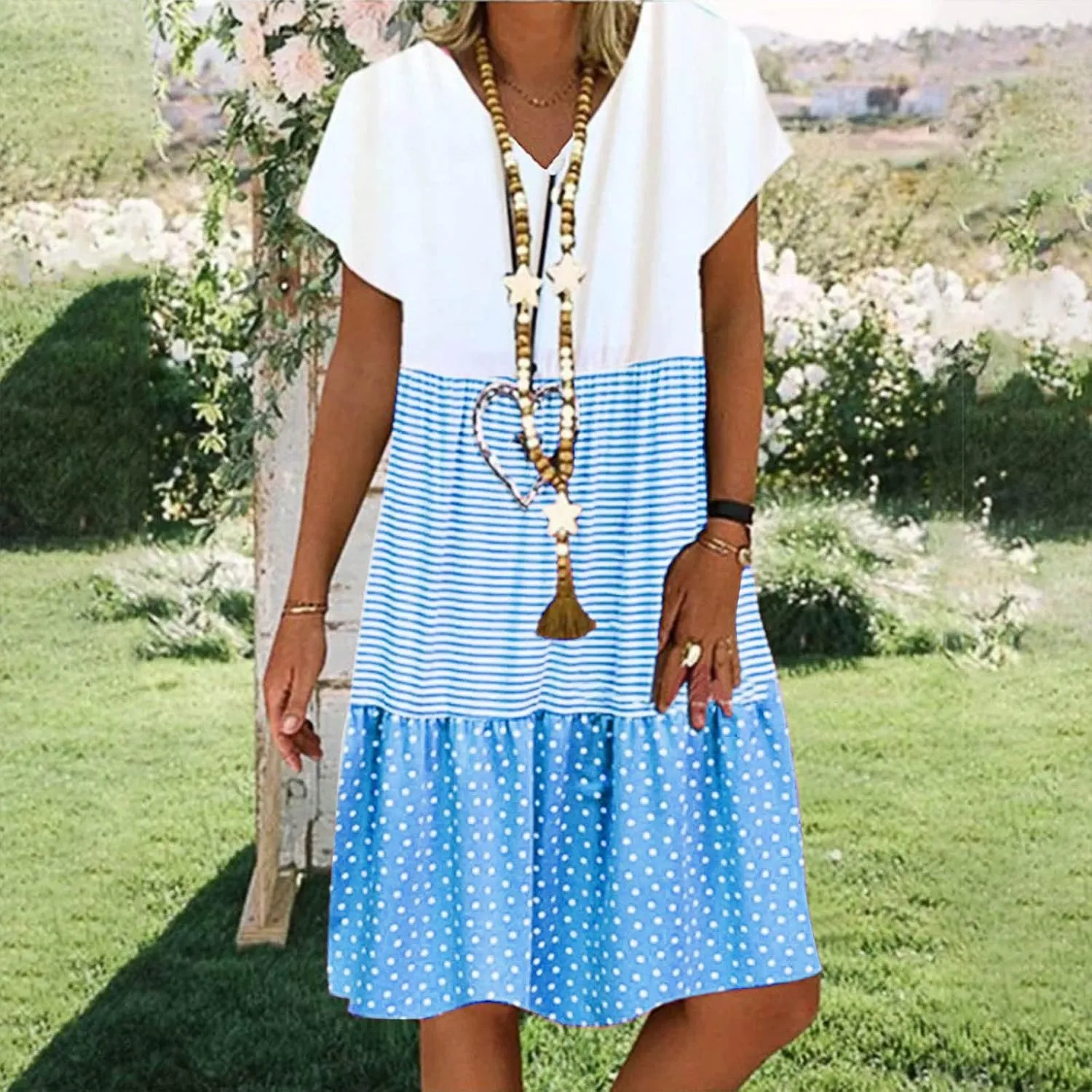 Womens Short Sleeve Loose Summer Dresses Color Block Sundresses Casual Fashion Knee Length Vacation Dresses