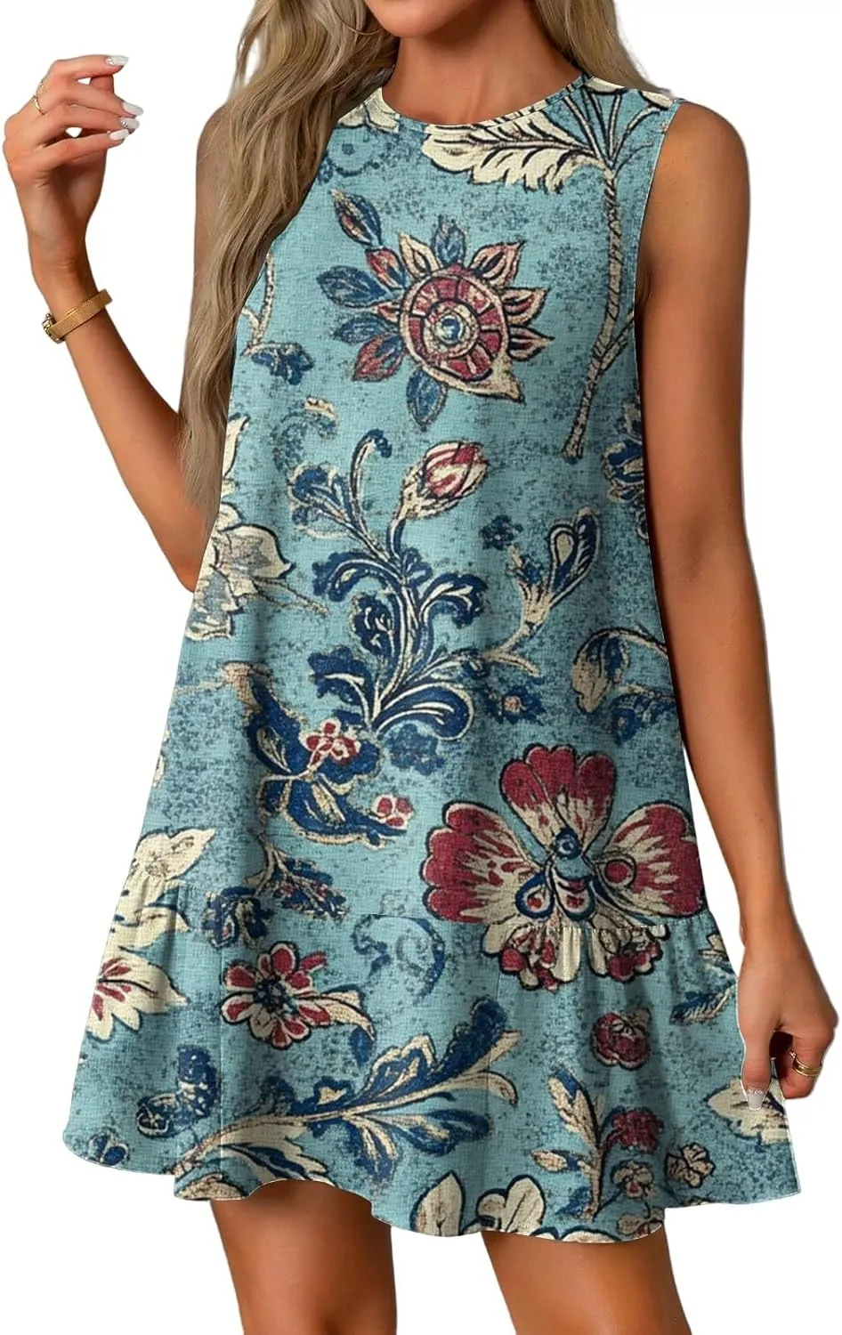 Women's Summer Tank Dress with Pockets, Loose Ruffle Sleeveless Crew Neck Casual Mini Beach Vacation Sundresses