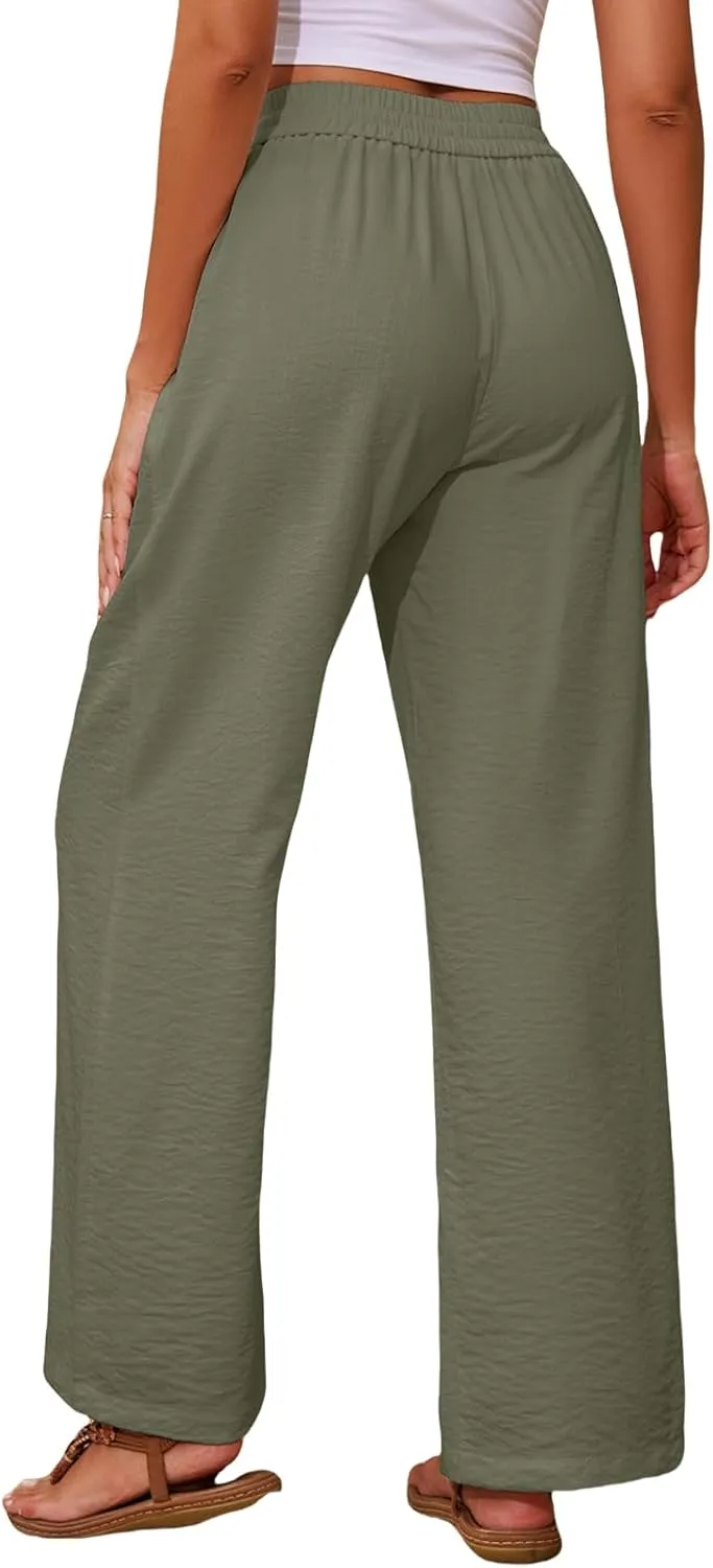 Womens Wide Leg Pants Straight Leg Linen Palazzo Pants Casual Drawstring High Waisted Pant Retro Trousers with Pockets