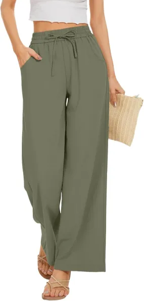 Womens Wide Leg Pants Straight Leg Linen Palazzo Pants Casual Drawstring High Waisted Pant Retro Trousers with Pockets