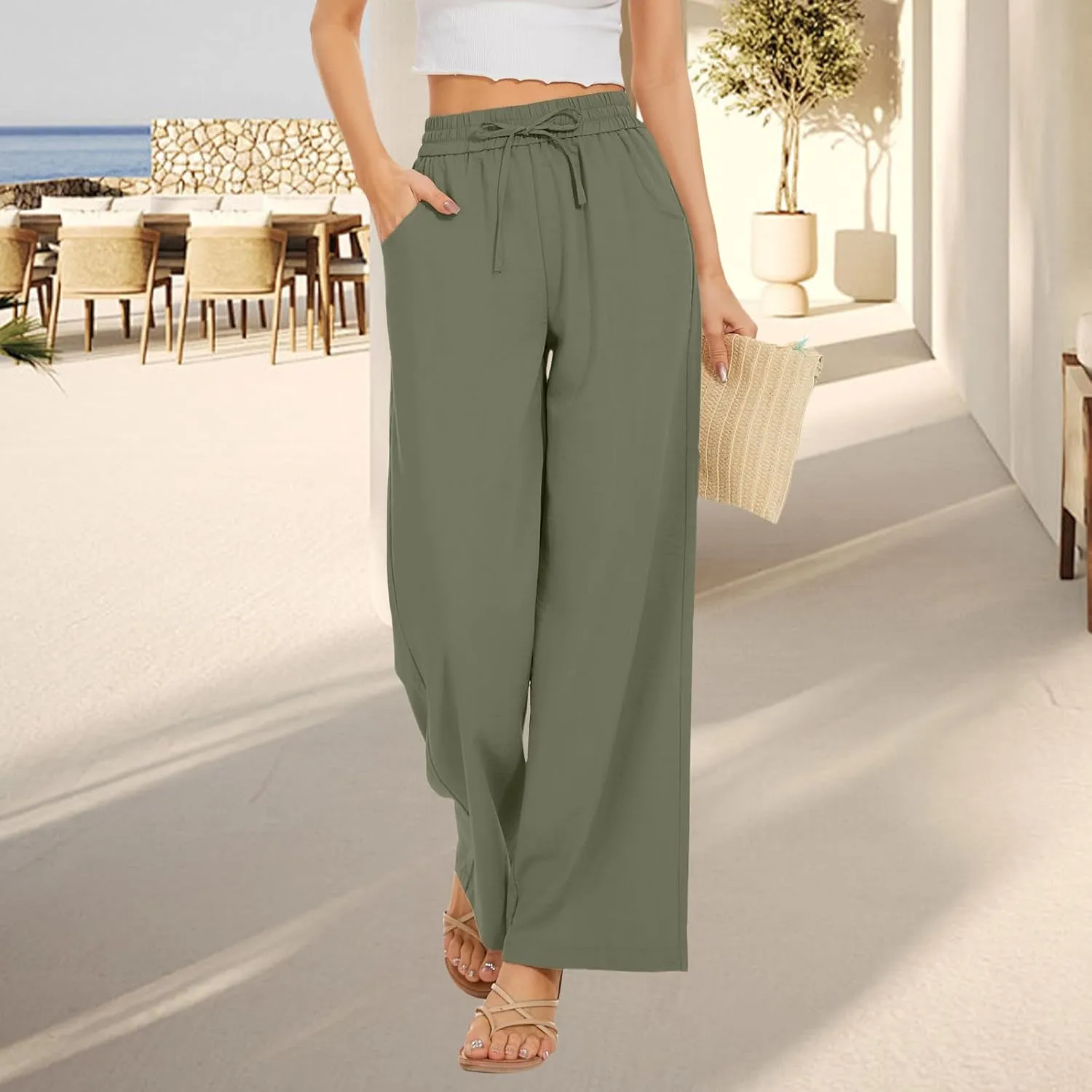 Womens Wide Leg Pants Straight Leg Linen Palazzo Pants Casual Drawstring High Waisted Pant Retro Trousers with Pockets